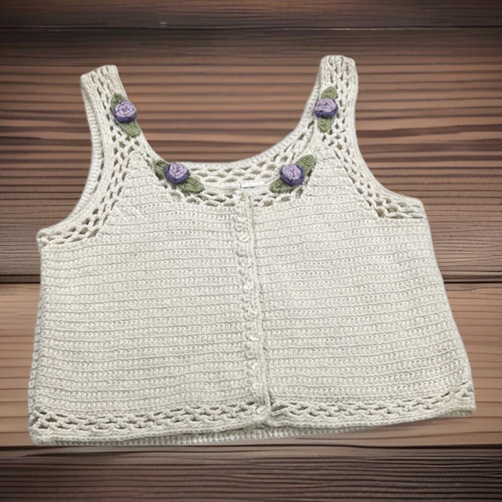 Vintage Newport News Crochet Button Up Sweater Tank‎ Boho Cottagecore Fairycore